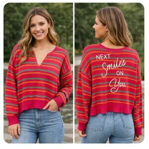 Anthro Kerri Rosenthal XOKR Striped Embroidered Next Smile’s On You Sweater Sz L